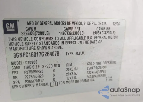 2007 Chevrolet Suburban 1500 Lt z USA, uszkodzony, nr VIN 3GNFC16017G264078